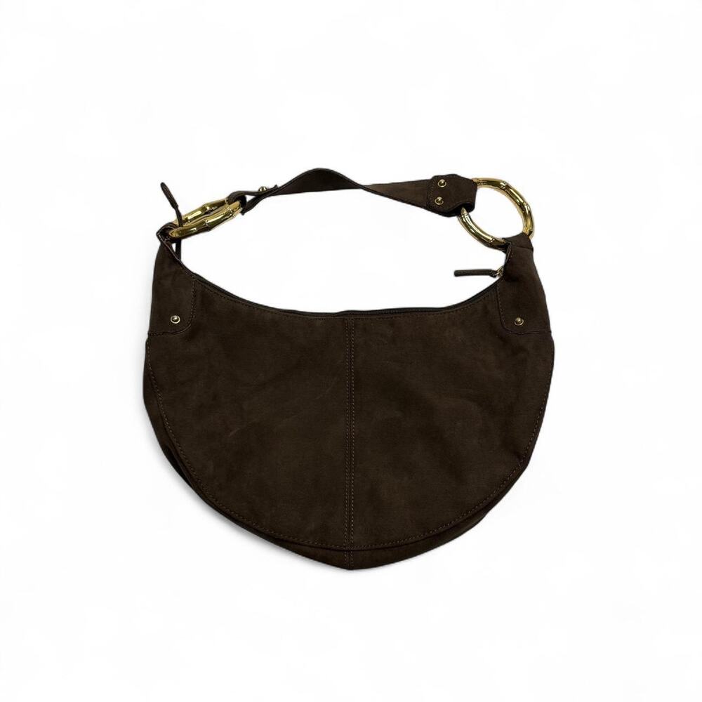 Y2K Brown suede hobo bag with gold hardware gives coach bag vibes